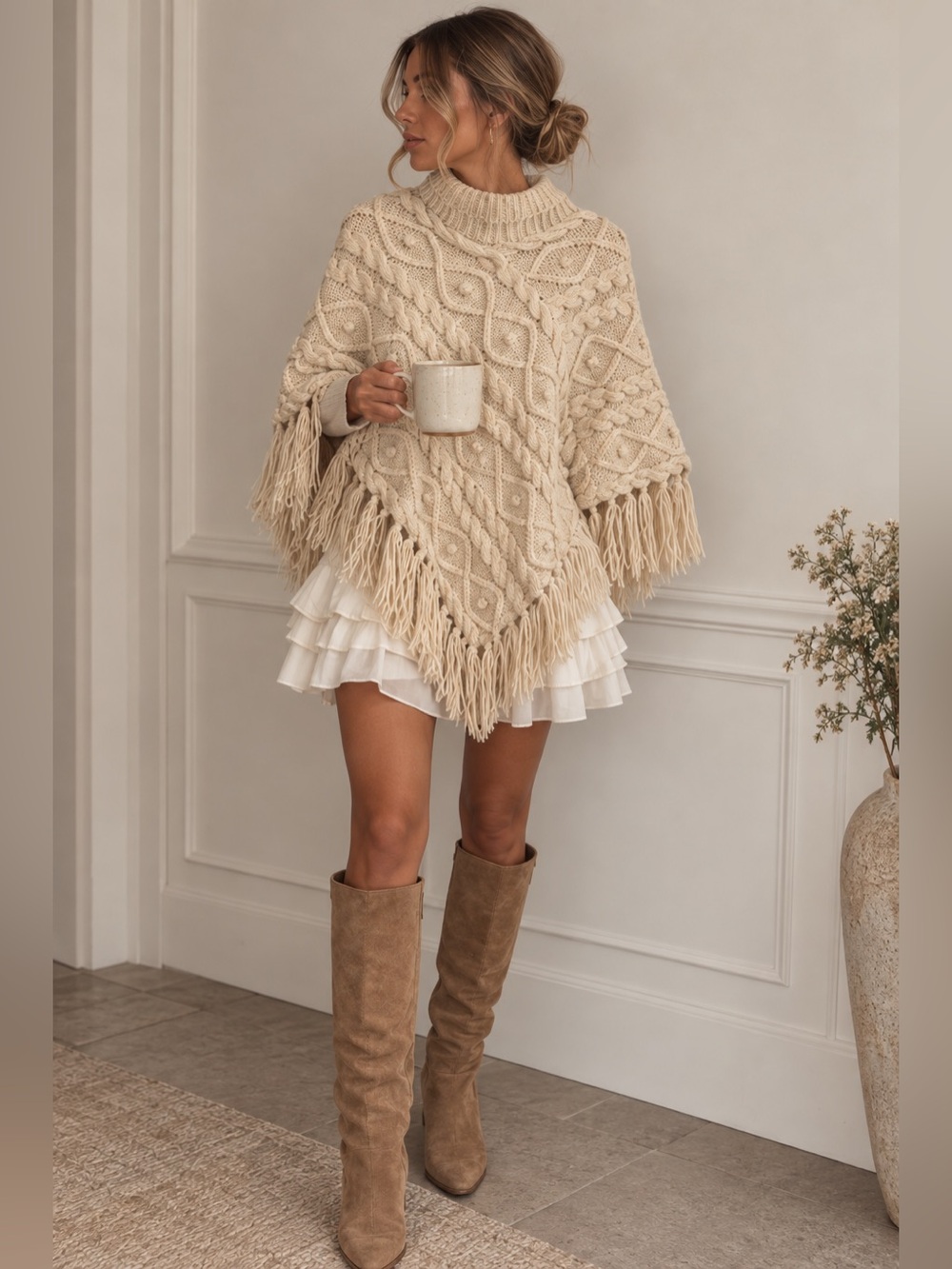 Wool Irish Cape Poncho Chunky Cream Sweater Cottagecore Prairie cable knit